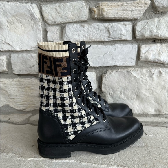 Fendi Women's Rockoko Leather Combat Biker Boots with Stretch Fabric - Picture 3 of 5